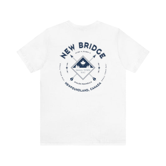 New Bridge, Newfoundland.  Canada. Navy on White, Gender Neutral, T-shirt, Designed by Small Town Rag.-SMALL TOWN RAG
