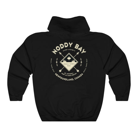 Noddy Bay, Newfoundland.  Canada.  Cream on Black, Pull-over Hoodie, Hooded Sweater Shirt, Gender Neutral.-SMALL TOWN RAG