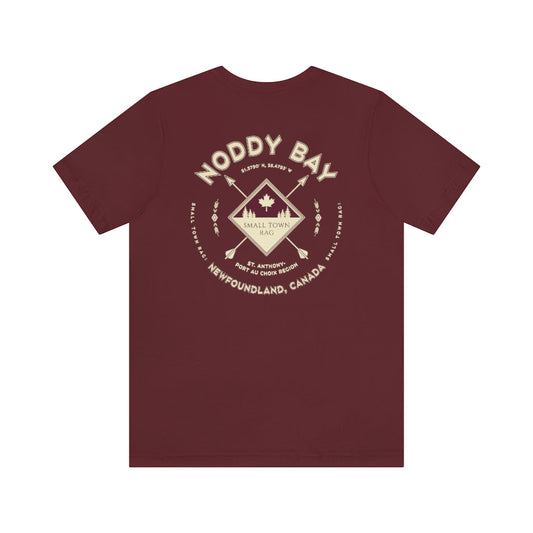 Noddy Bay, Newfoundland.  Canada. Cream on Maroon, Gender Neutral, T-shirt, Designed by Small Town Rag.-SMALL TOWN RAG