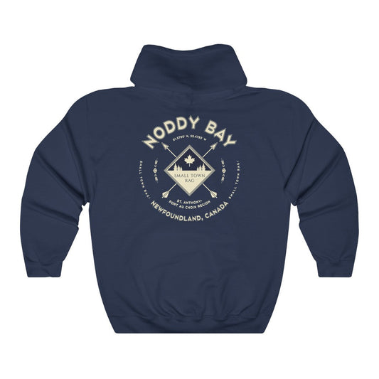 Noddy Bay, Newfoundland.  Canada.  Cream on Navy, Pull-over Hoodie, Hooded Sweater Shirt, Gender Neutral.-SMALL TOWN RAG