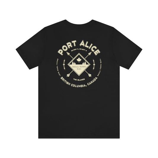 Port Alice, British Columbia.  Canada. Cream on Black, Gender Neutral, T-shirt, Designed by Small Town Rag.-SMALL TOWN RAG