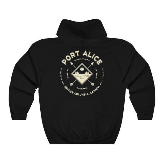Port Alice, British Columbia.  Canada.  Cream on Black, Pull-over Hoodie, Hooded Sweater Shirt, Gender Neutral.-SMALL TOWN RAG