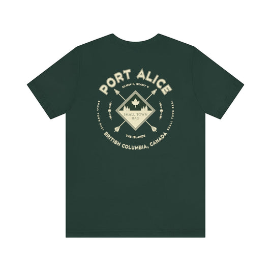 Port Alice, British Columbia.  Canada. Cream on Forest Green, Gender Neutral, T-shirt, Designed by Small Town Rag.-SMALL TOWN RAG