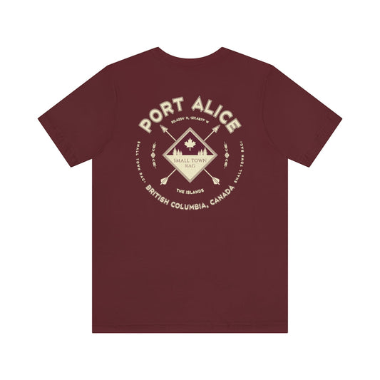 Port Alice, British Columbia.  Canada. Cream on Maroon, Gender Neutral, T-shirt, Designed by Small Town Rag.-SMALL TOWN RAG