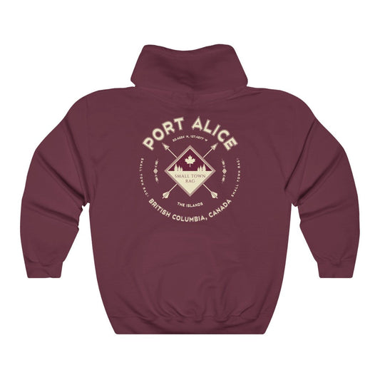 Port Alice, British Columbia.  Canada.  Cream on Maroon, Pull-over Hoodie, Hooded Sweater Shirt, Gender Neutral.-SMALL TOWN RAG