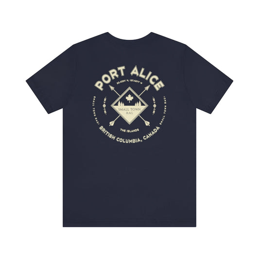 Port Alice, British Columbia.  Canada. Cream on Navy, Gender Neutral, T-shirt, Designed by Small Town Rag.-SMALL TOWN RAG
