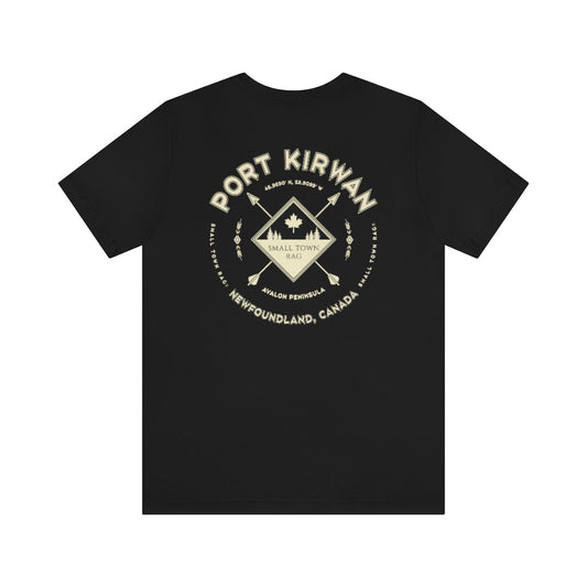 Port Kirwan, Newfoundland.  Canada. Cream on Black, Gender Neutral, T-shirt, Designed by Small Town Rag.-SMALL TOWN RAG