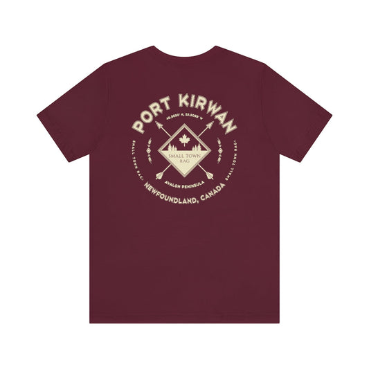 Port Kirwan, Newfoundland.  Canada. Cream on Maroon, Gender Neutral, T-shirt, Designed by Small Town Rag.-SMALL TOWN RAG