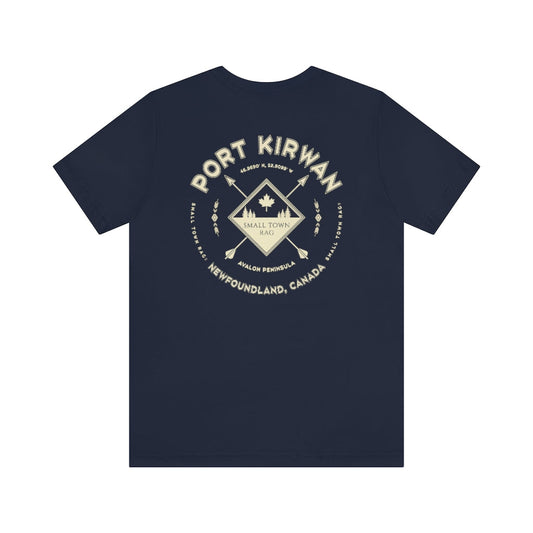 Port Kirwan, Newfoundland.  Canada. Cream on Navy, Gender Neutral, T-shirt, Designed by Small Town Rag.-SMALL TOWN RAG