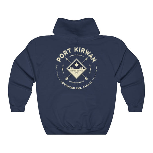 Port Kirwan, Newfoundland.  Canada.  Cream on Navy, Pull-over Hoodie, Hooded Sweater Shirt, Gender Neutral.-SMALL TOWN RAG