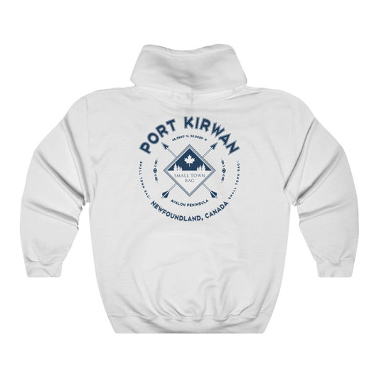 Port Kirwan, Newfoundland.  Canada.  Navy on White, Pull-over Hoodie, Hooded Sweater Shirt, Gender Neutral.-SMALL TOWN RAG