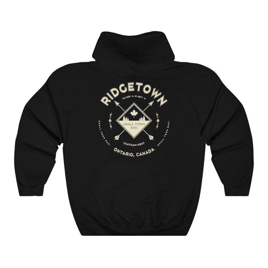 Ridgetown, Ontario.  Canada.  Cream on Black, Pull-over Hoodie, Hooded Sweater Shirt, Gender Neutral.-SMALL TOWN RAG