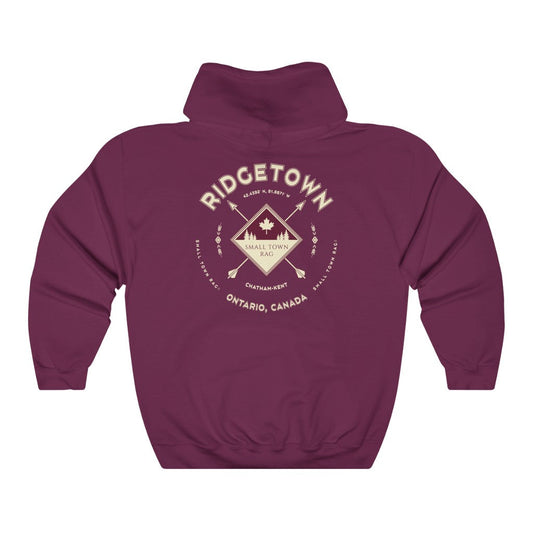 Ridgetown, Ontario.  Canada.  Cream on Maroon, Pull-over Hoodie, Hooded Sweater Shirt, Gender Neutral.-SMALL TOWN RAG