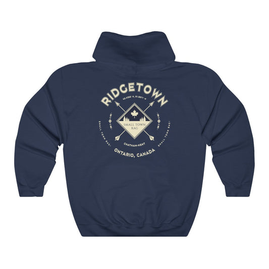 Ridgetown, Ontario.  Canada.  Cream on Navy, Pull-over Hoodie, Hooded Sweater Shirt, Gender Neutral.-SMALL TOWN RAG