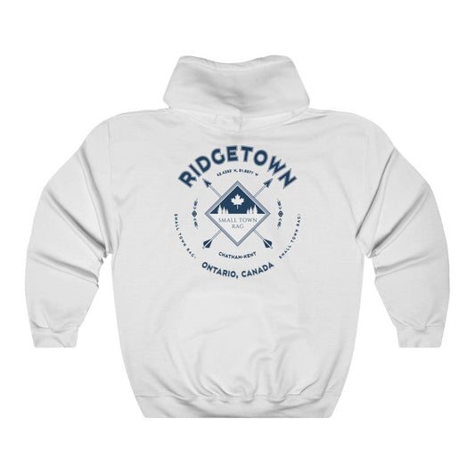 Ridgetown, Ontario.  Canada.  Navy on White, Pull-over Hoodie, Hooded Sweater Shirt, Gender Neutral.-SMALL TOWN RAG