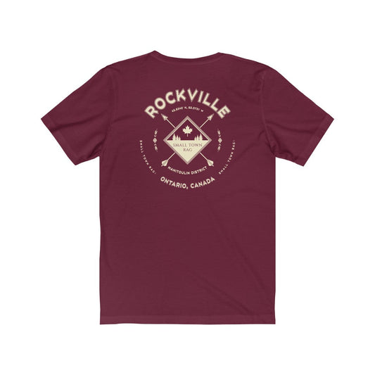 Rockville, Ontario.  Canada. Cream on Maroon, Gender Neutral, T-shirt, Designed by Small Town Rag.-SMALL TOWN RAG