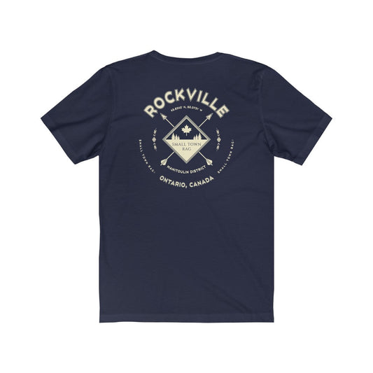 Rockville, Ontario.  Canada. Cream on Navy, Gender Neutral, T-shirt, Designed by Small Town Rag.-SMALL TOWN RAG