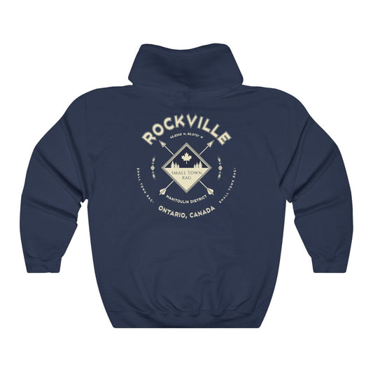 Rockville, Ontario.  Canada.  Cream on Navy, Pull-over Hoodie, Hooded Sweater Shirt, Gender Neutral.-SMALL TOWN RAG