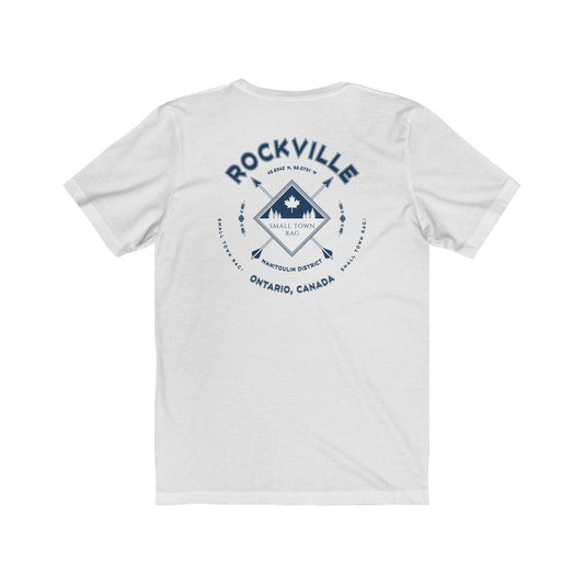 Rockville, Ontario.  Canada. Navy on White, Gender Neutral, T-shirt, Designed by Small Town Rag.-SMALL TOWN RAG