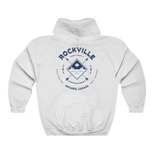Rockville, Ontario.  Canada.  Navy on White, Pull-over Hoodie, Hooded Sweater Shirt, Gender Neutral.-SMALL TOWN RAG