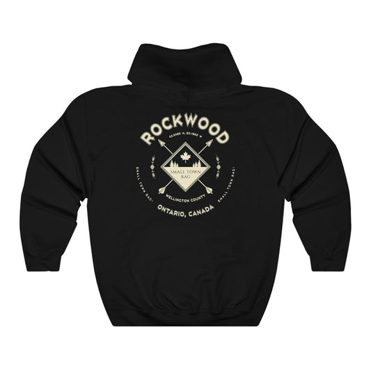 Rockwood, Ontario, Canada.  Cream on Black, Pull-over Hoodie, Hooded Sweater Shirt, Gender Neutral.-SMALL TOWN RAG