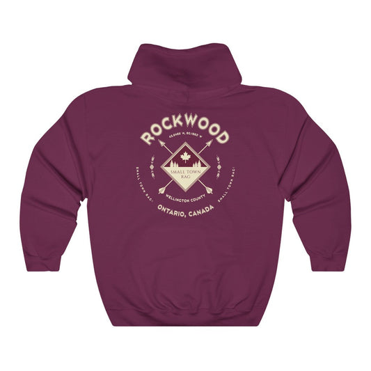 Rockwood, Ontario, Canada.  Cream on Maroon, Pull-over Hoodie, Hooded Sweater Shirt, Gender Neutral.-SMALL TOWN RAG