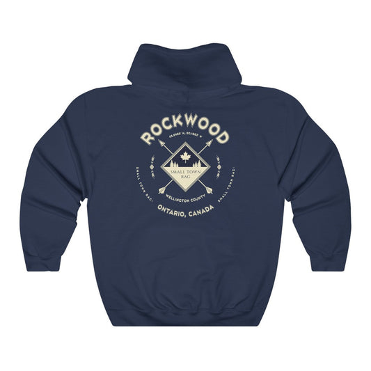 Rockwood, Ontario, Canada.  Cream on Navy, Pull-over Hoodie, Hooded Sweater Shirt, Gender Neutral.-SMALL TOWN RAG