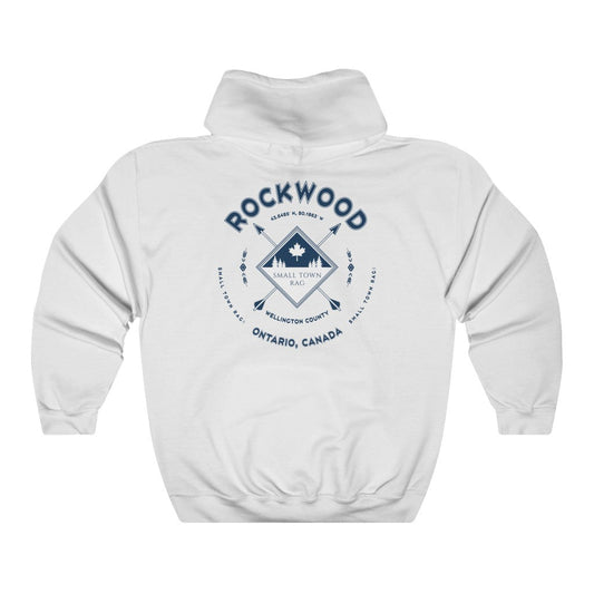 Rockwood, Ontario, Navy on White, Pull-over Hoodie, Hooded Sweater Shirt, Gender Neutral-SMALL TOWN RAG