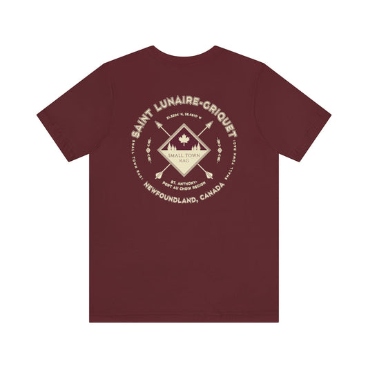 Saint Lunaire-Griquet, Newfoundland.  Canada. Cream on Maroon, Gender Neutral, T-shirt, Designed by Small Town Rag.-SMALL TOWN RAG