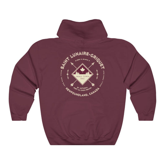 Saint Lunaire-Griquet, Newfoundland.  Canada.  Cream on Maroon, Pull-over Hoodie, Hooded Sweater Shirt, Gender Neutral.-SMALL TOWN RAG