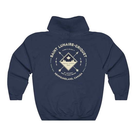 Saint Lunaire-Griquet, Newfoundland.  Canada.  Cream on Navy, Pull-over Hoodie, Hooded Sweater Shirt, Gender Neutral.-SMALL TOWN RAG