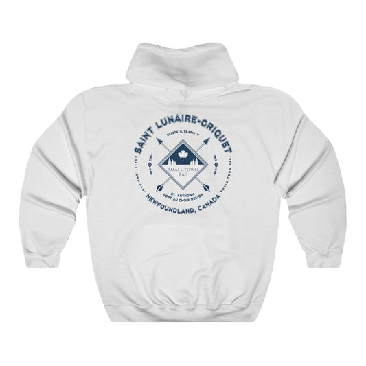 Saint Lunaire-Griquet, Newfoundland.  Canada.  Navy on White, Pull-over Hoodie, Hooded Sweater Shirt, Gender Neutral.-SMALL TOWN RAG