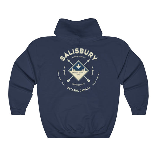 Salisbury, Ontario, Canada.  Cream on Navy, Pull-over Hoodie, Hooded Sweater Shirt, Gender Neutral.-SMALL TOWN RAG