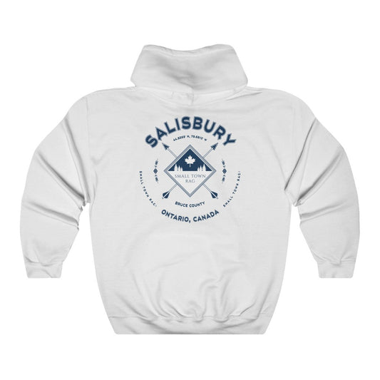 Salisbury, Ontario, Canada.  Navy on White, Pull-over Hoodie, Hooded Sweater Shirt, Gender Neutral.-SMALL TOWN RAG