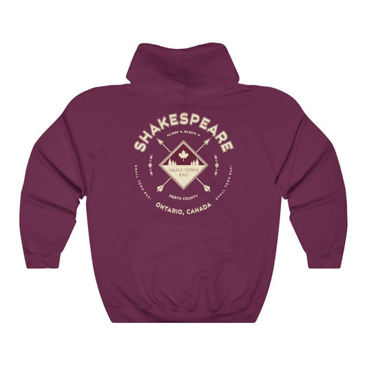 Shakespeare, Ontario, Canada.  Cream on Maroon, Pull-over Hoodie, Hooded Sweater Shirt, Gender Neutral.-SMALL TOWN RAG