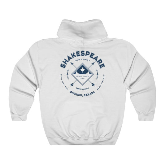 Shakespeare, Ontario, Navy on White, Pull-over Hoodie, Hooded Sweater Shirt, Gender Neutral-SMALL TOWN RAG