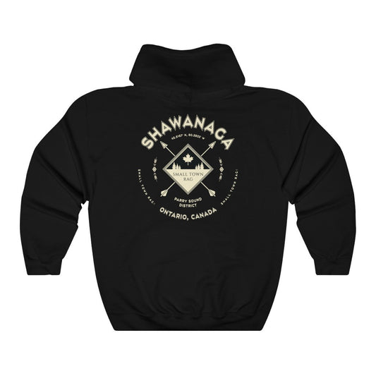 Shawanaga, Ontario.  Canada.  Cream on Black, Pull-over Hoodie, Hooded Sweater Shirt, Gender Neutral.-SMALL TOWN RAG