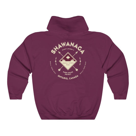 Shawanaga, Ontario.  Canada.  Cream on Maroon, Pull-over Hoodie, Hooded Sweater Shirt, Gender Neutral.-SMALL TOWN RAG