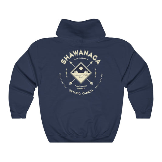 Shawanaga, Ontario.  Canada.  Cream on Navy, Pull-over Hoodie, Hooded Sweater Shirt, Gender Neutral.-SMALL TOWN RAG