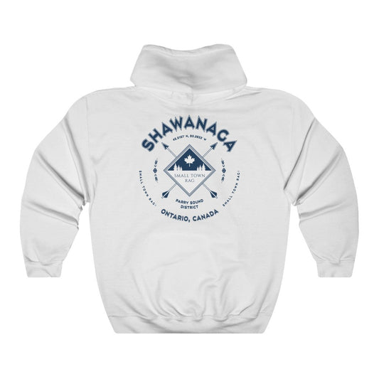Shawanaga, Ontario.  Canada.  Navy on White, Pull-over Hoodie, Hooded Sweater Shirt, Gender Neutral.-SMALL TOWN RAG