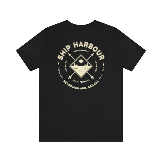 Ship Harbour, Newfoundland.  Canada. Cream on Black, Gender Neutral, T-shirt, Designed by Small Town Rag.-SMALL TOWN RAG
