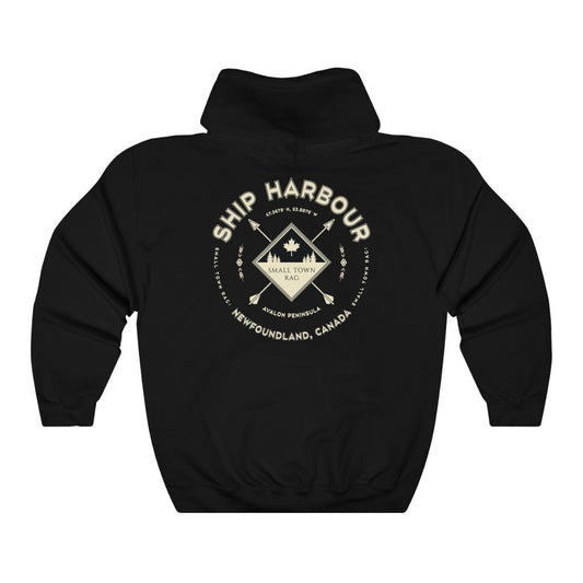 Ship Harbour, Newfoundland.  Canada.  Cream on Black, Pull-over Hoodie, Hooded Sweater Shirt, Gender Neutral.-SMALL TOWN RAG