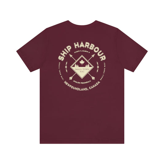 Ship Harbour, Newfoundland.  Canada. Cream on Maroon, Gender Neutral, T-shirt, Designed by Small Town Rag.-SMALL TOWN RAG