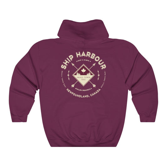 Ship Harbour, Newfoundland.  Canada.  Cream on Maroon, Pull-over Hoodie, Hooded Sweater Shirt, Gender Neutral.-SMALL TOWN RAG