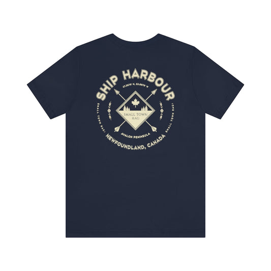 Ship Harbour, Newfoundland.  Canada. Cream on Navy, Gender Neutral, T-shirt, Designed by Small Town Rag.-SMALL TOWN RAG