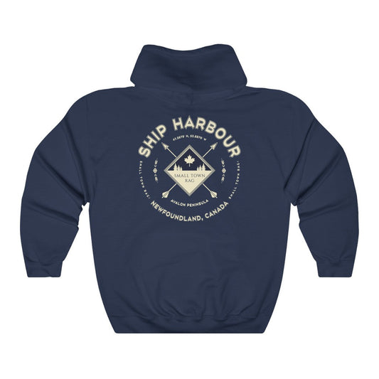 Ship Harbour, Newfoundland.  Canada.  Cream on Navy, Pull-over Hoodie, Hooded Sweater Shirt, Gender Neutral.-SMALL TOWN RAG