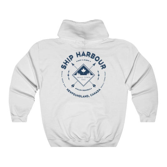 Ship Harbour, Newfoundland.  Canada.  Navy on White, Pull-over Hoodie, Hooded Sweater Shirt, Gender Neutral.-SMALL TOWN RAG