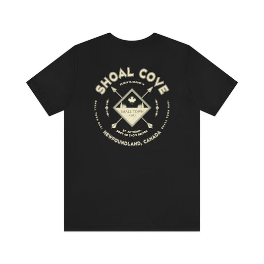 Shoal Cove, Newfoundland.  Canada. Cream on Black, Gender Neutral, T-shirt, Designed by Small Town Rag.-SMALL TOWN RAG