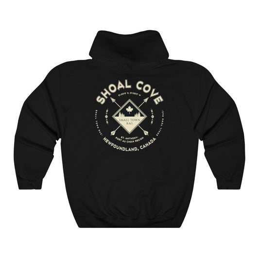 Shoal Cove, Newfoundland.  Canada.  Cream on Black, Pull-over Hoodie, Hooded Sweater Shirt, Gender Neutral.-SMALL TOWN RAG