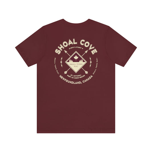 Shoal Cove, Newfoundland.  Canada. Cream on Maroon, Gender Neutral, T-shirt, Designed by Small Town Rag.-SMALL TOWN RAG